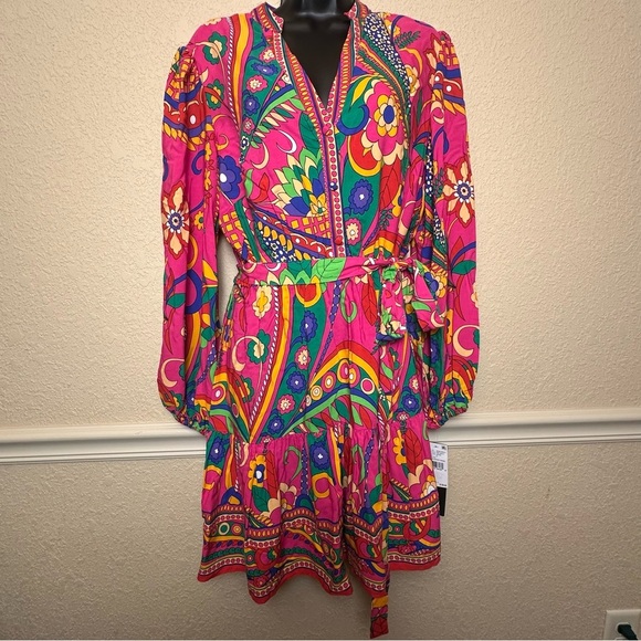 Adrianna Papell Long Sleeve Retro Printed A Line Dress In Pink Multi Size 8 NWT - Picture 15 of 16